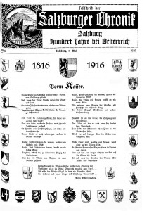 Titelblatt der Festschrift zum Jubiläum "Salzburg Hundert Jahre bei Österreich" der "Salzburger Chronik" vom 1. Mai 1916. Bild: ANNO/Österreichische Nationalbibliothek 