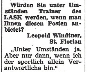 Faksimile OÖ-Kronen-Zeitung/November 1969. Der Fragen-Steller an Alfred Günthner Leopold Windtner ist heute ÖFB-Präsident. Sammlung: oepb